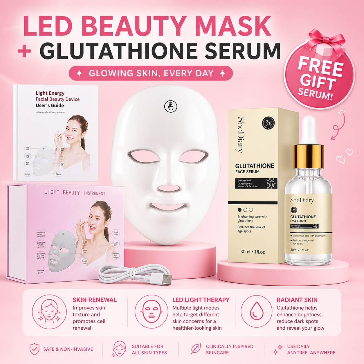 Newnaturals Glow Ritual Set – 7-Color LED Face Mask + Bright Elixir Serum